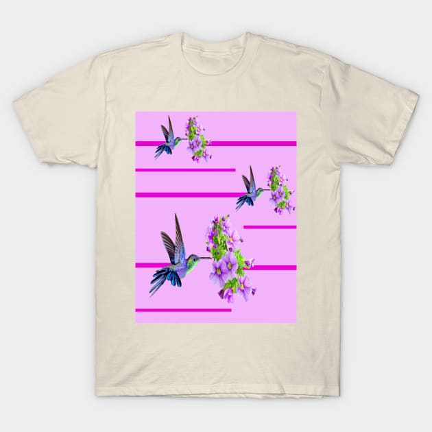 Hummingbirds and purple flowers on pink T-Shirt by YamyMorrell